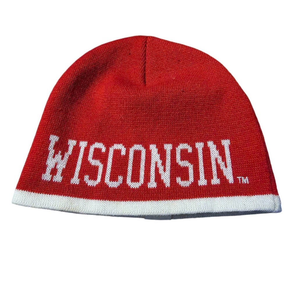 Vtg Wisconsin Beanie Hat Cap O/S Red Cream Colosseum Athletics LA Sports Badgers